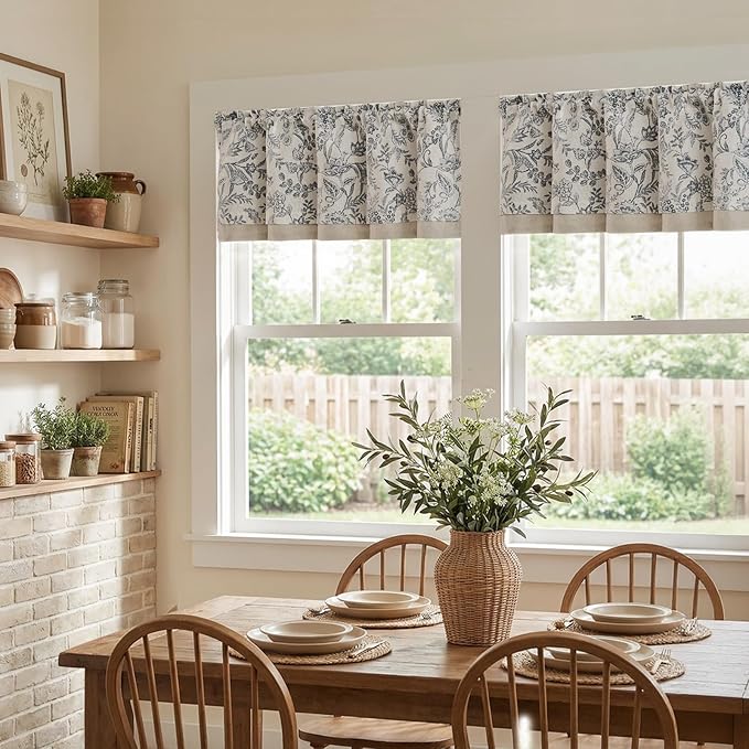 jinchan Linen Valance Curtain Farmhouse Floral Printed Small Window Curtain for Kitchen Rustic Light Filtering Valance for Living Room Bedroom Bathroom 16 Inch Rod Pocket 1 Panel Black on Beige