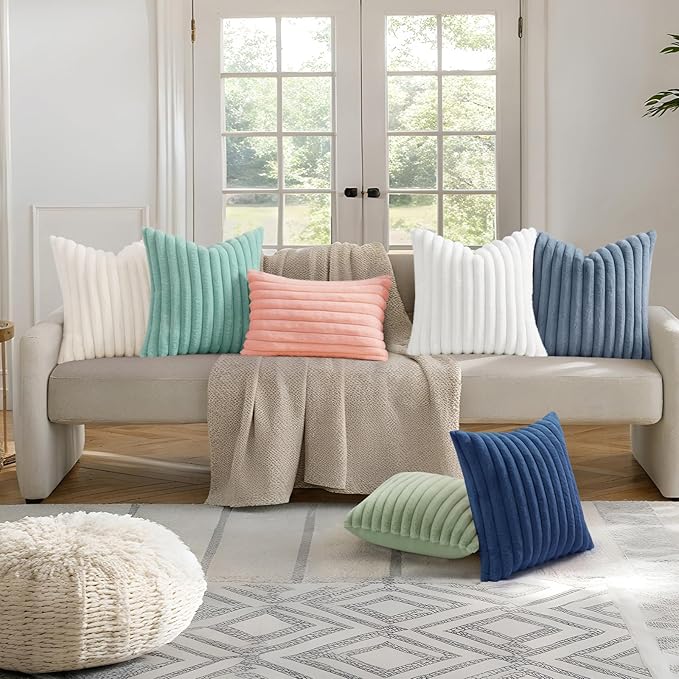 decorUhome Summer Cozy Faux Fur Throw Pillow Covers 24x24 Set of 2 Decorative Soft Plush Striped Modern Farmhouse Boho Couch Euro Sham Pillow Cases with Velvet Back for Sofa Bed Living Room, Aqua