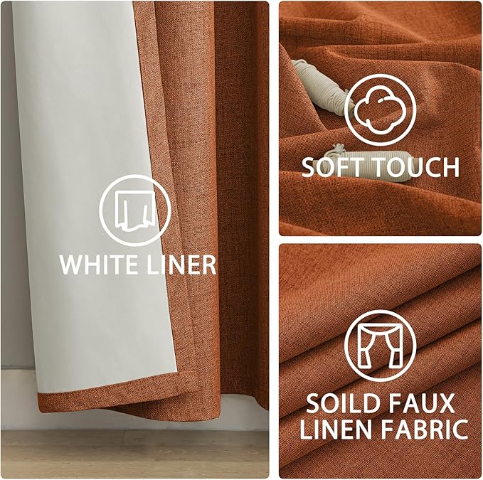 Yakamok Burnt Orange Linen Curtains 100% Blackout 96 Inches Long,Room Darkening Textured Curtains for Living Room Thermal Grommet Bedroom Curtains 2 Panels with White Liner