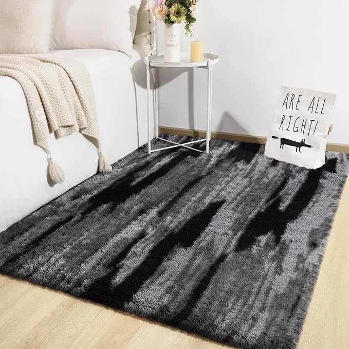 TWINNIS Super Soft Shaggy Rugs Fluffy Carpets, 4x5.9 Feet, Indoor Modern Plush Area Rugs for Living Room Bedroom Kids Room Nursery Home Decor, Upgrade Anti-Skid Rectangular Fuzzy Rug, Black Gray