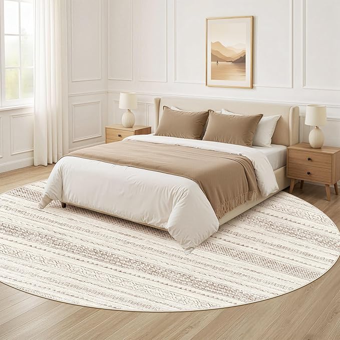 Nakagishi Round Rug Boho Area Rugs: 4x4 Washable Large Circle Neutral Soft Stain Resistant Non-Slip Carpet for Women Aged 25-45 Farmhouse Decor Enthusiasts - Living Room Bedroom Dining Room Nursery