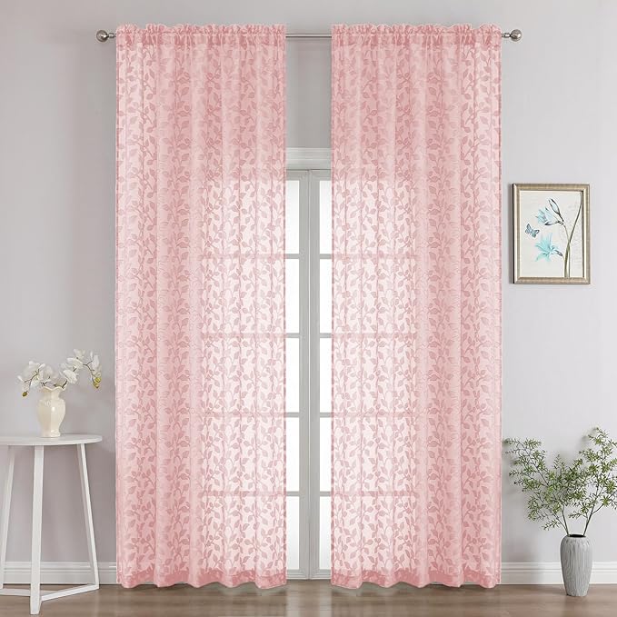 Chyhomenyc Extra Long Blush Pink Sheer Curtains 108 Inch Length 2 Panels Set, Light Filtering Tufted Textured Soft Airy Rod Pocket Gentle Leaf Window Treatment Drapes for Living Room, 52"Wx108"L, 2PCS