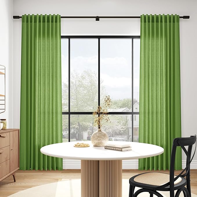 Extra Long Curtain Lime Green Morden Linen Blend Light Filtering Back Tab Curtains for Long Winodws 120 Inches Length, Semi Sheer Privacy Drapes for Living Room, 52x120 inch, 2 Panels
