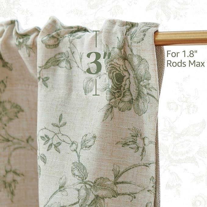 jinchan Amlie Floral Linen Valance Curtain Farmhouse Kitchen Valance for Living Room Laundry Light Filtering Double Layer Cottagecore Window Treatment Rod Pocket 1 Panel 16 Inch Sage Green on Linen