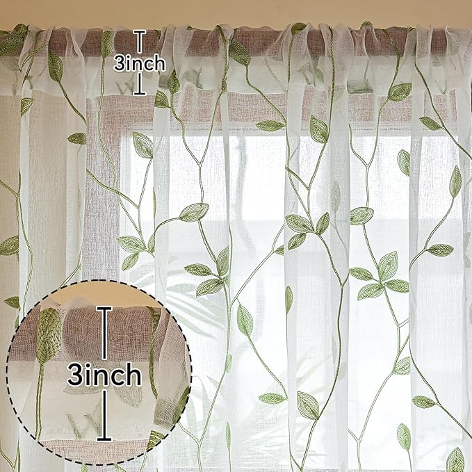 AmHoo 2 Panels Embroidered Leaf Pattern Semi Sheer Curtains Foliage Floral Voile Window Draperies Treatment for Bedroom Living Room Rod Pocket White Light Green 53 x 63 Inch