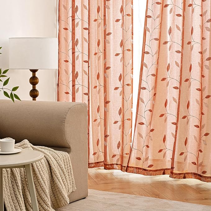 MIULEE Burnt Orange Sheer Curtains 2 Panels Embroidered Leaf Patterned Rod Pocket Floral Semi Faux Linen Window Fall Curtains Drapes Set for Living Room Bedroom Dining Room, 52x63 Inches Long