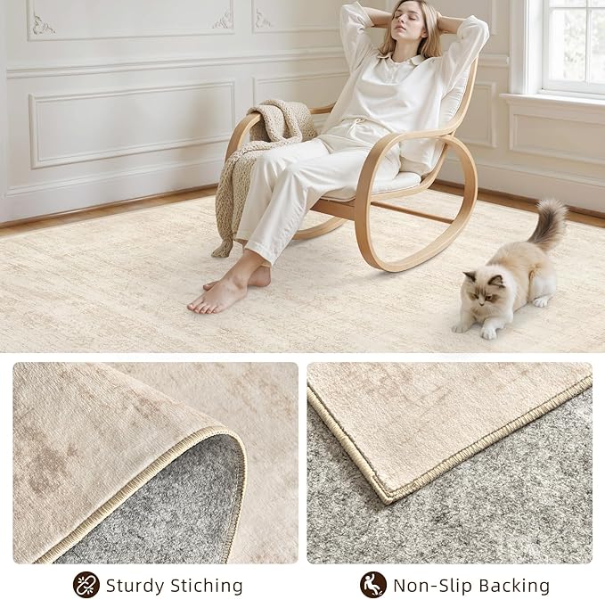 Area Rugs 9x12 Living Room: Vintage Boho Neutral Washable Rug Indoor Soft Large Area Rug Carpet for Bedroom Nursery Farmhouse Dining Room Office Floor Non-Slip Low Pile Under Table Rug Retro Beige
