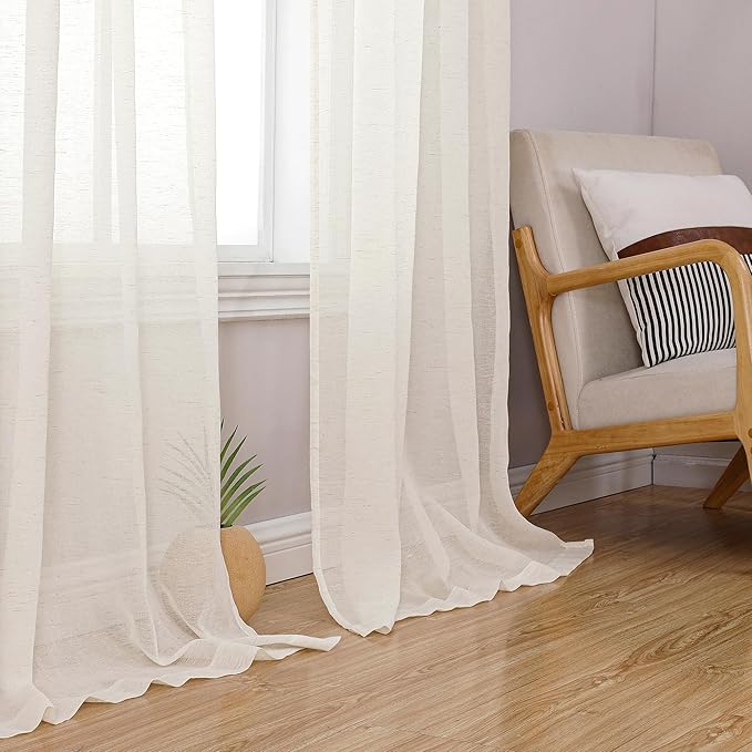 Simplebrand Natural Linen Textured Sheer Curtains 96 inches Long 2 Panels, Rod Pocket Solid Color Window Sheer Curtain Panels, Elegant Curtains & Drapes for Living Room, Bedroom (40" W x 96" L)