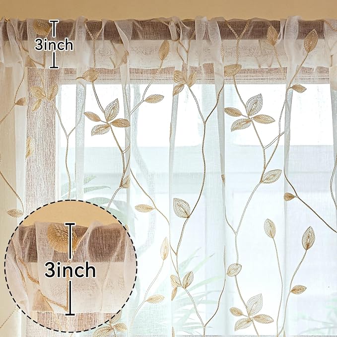 AmHoo 2 Panels Embroidered Leaf Pattern Semi Sheer Curtains Foliage Floral Voile Window Draperies Treatment for Bedroom Living Room Rod Pocket White Beige 53 x 84 Inch