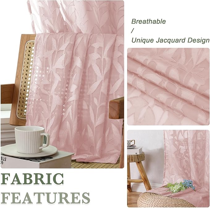 Lecloud Leia Blush Pink Sheer Curtains 84 Inches Long 2 Panels, Airy Leaf Textured Jacquard Drapes, Light Filtering & Privacy Rod Pocket Romantic Window Curtains for Living Room Bedroom, 52" W x 84" L