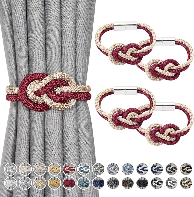 NICEEC 4 Pack Mini Magnetic Curtain Tiebacks Nordic Simple Style Drape Tie Backs Elegant Hand Weave Rope Knot Decorative Curtain Holdbacks for Home & Office Thin Window Drapery (Wine Red & Beige)