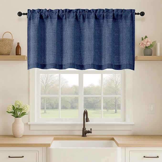 OVZME Navy Blue Valance for Windows, Light Filtering Faux Linen Textured Small Kitchen Valances for Windows, Dual Rod Pocket Farmhouse Short Curtain for Bathroom Basement, 60Wx22L inch, 1 Piece