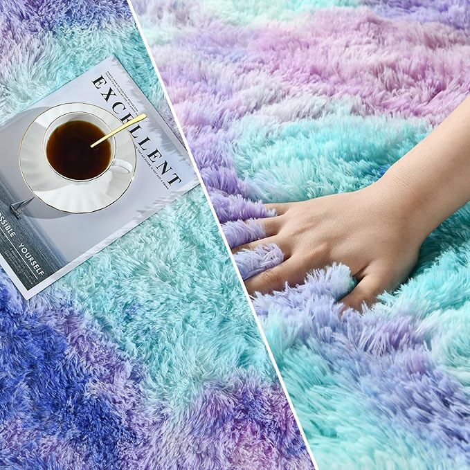Large Shag Area Rugs 6 x 9, Tie-Dyed Plush Fuzzy Rugs for Living Room, Ultra Soft Fluffy Furry Rug for Bedroom, Indoor Carpet Nursery Rugs for Kids Room Home Decor, Rainbow
