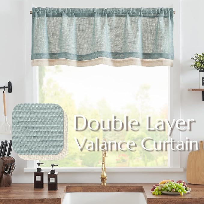 jinchan Linen Valance for Farmhouse Living Room Windows 16 Inch Slubbed Crossed Double Layer Window Valance Light Filtering Rustic Country Overlay Rod Pocket 1 Panel Blue Haze