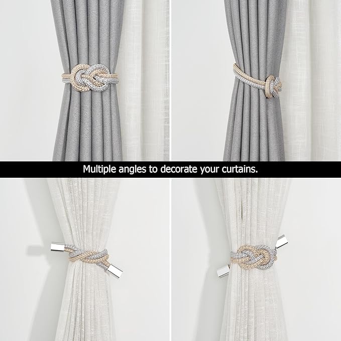 NICEEC 4 Pack Mini Magnetic Curtain Tiebacks Nordic Simple Style Drape Tie Backs Elegant Hand Weave Rope Knot Decorative Curtain Holdbacks for Home & Office Thin Window Drapery (Grey & Beige)