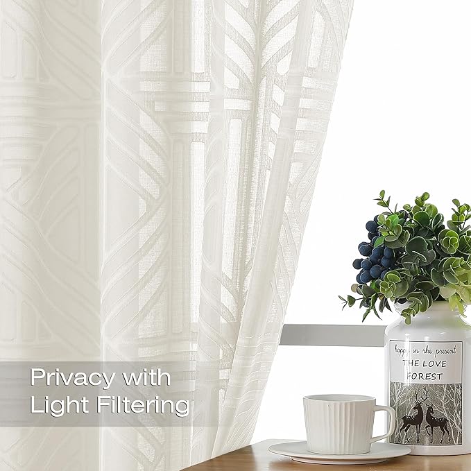 Simplebrand Ivory Semi Sheer Curtains 96 Inches Long 2 Panels, Light Filtering Geometric Jacquard Clip Textured Sheer Curtains for Living Room，Modern Elegant Window Curtains Drapes，42x96 inch