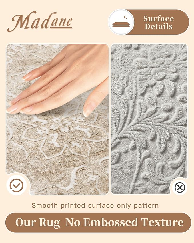 Madane Runner Rug 2x8 for Hallway, Kitchen Non-Slip Runner Rug with Rubber Backing, Vintage Soft Low Pile Throw Neutral Carpet Runner for Laundry Room Entryway Bathroom Bedroom (2 x 8, Beige/Brown)