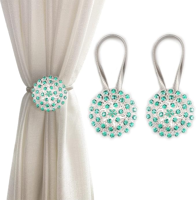 Magnetic Tiebacks for Curtains, 2 Pack Sparkling Crystal Flower Curtain Tiebacks Curtain Buckle Clips with High-Elastic Spring Wire for Home Office Decoration (Green)