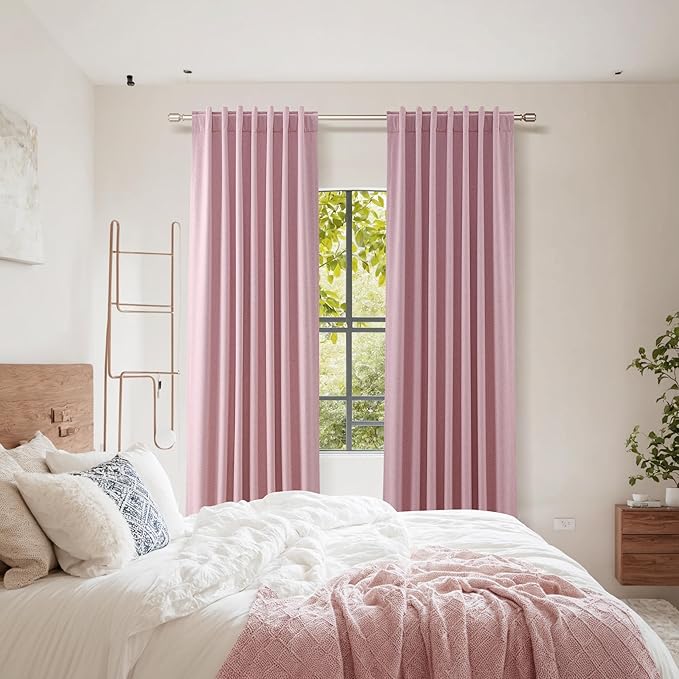 Guken Rose 100% Blackout Linen Curtains 96 Inch Length 2 Panels Set for Living Room Bedroom Back Tab/Rod Pocket Thermal Insulated Farmhouse Farmhouse Black Out Drapes Room Darkening,52x96