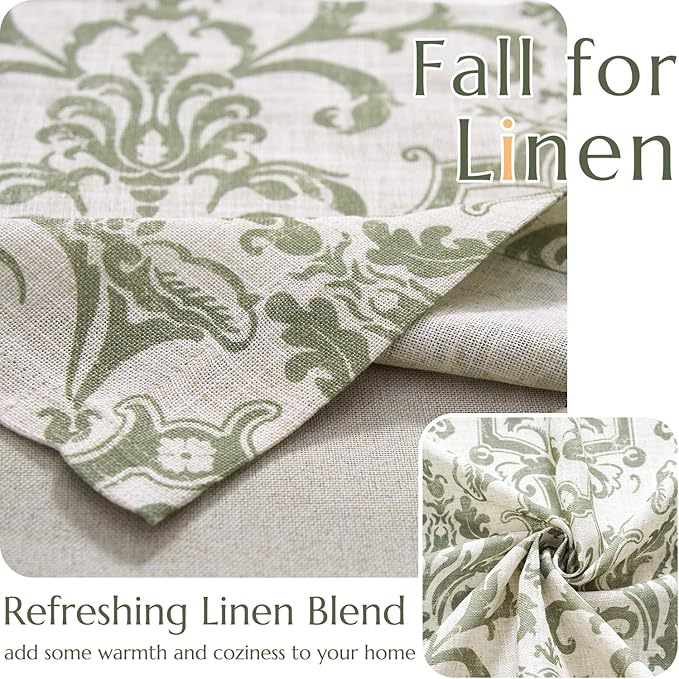 jinchan Linen Valance Curtain for Kitchen Vintage Damask Floral Blackout Valance Double Layer Small Window Curtain for Living Room Bedroom Bathroom 18 Inch Rod Pocket 1 Panel Sage Green on Beige