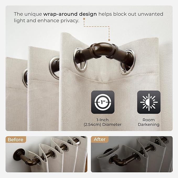 Zeerobee Curtain Rods for Windows 32 to 48, 1 Inch Industrial Wrap Around Antique Bronze Curtain Rod, Indoor/Outdoor Room Divider Adjustable Drapery Pole, 32"-48"