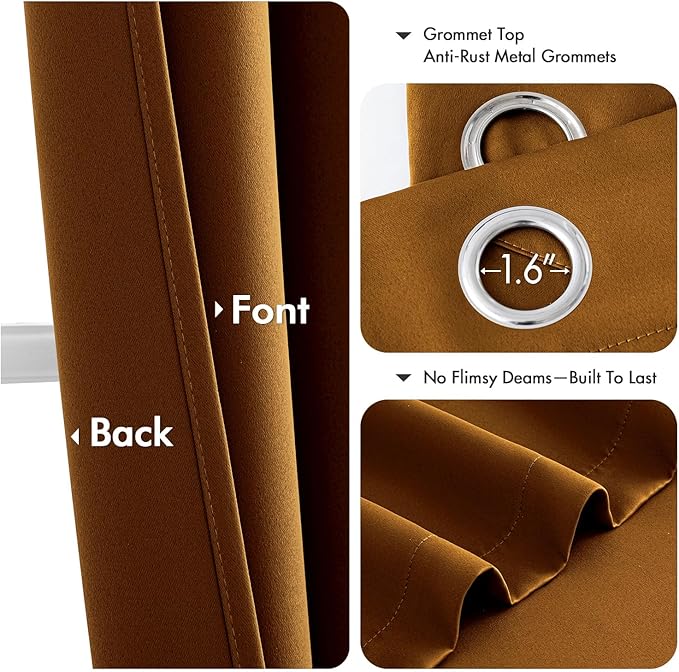 MIULEE Gold Brown Blackout Curtains for Bedroom Living Room 63 Inches Long 2 Panels, Thermal Insulated Room Darkening Drapes Solid Grommet Noise Reduction Light Blocking Window Treatments 40x63 Inch