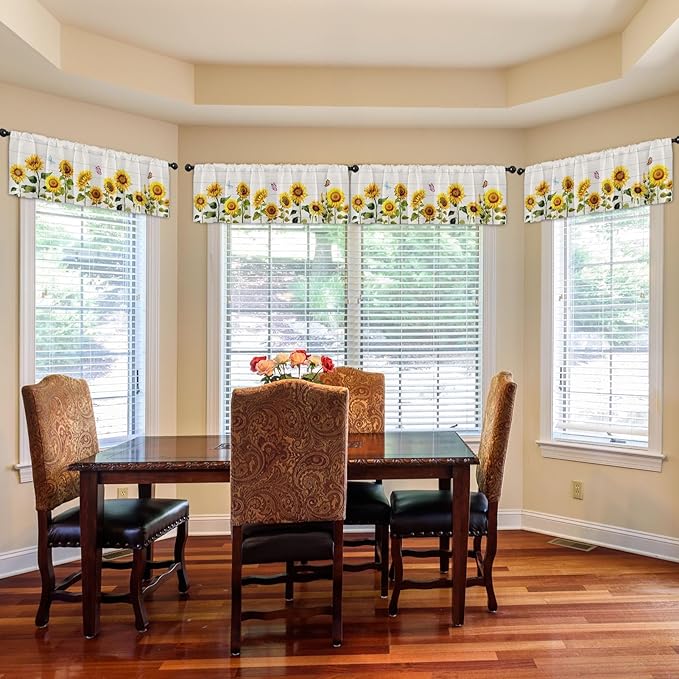 Emvency 4 Pack Valances Window Treatments, Farmhouse Sunflower Spring Summer Butterfly Blackout Adjustable for Living Room Bathroom Bedroom Kitchen Over Sink, 52x18 Inch Rod Pocket Valances