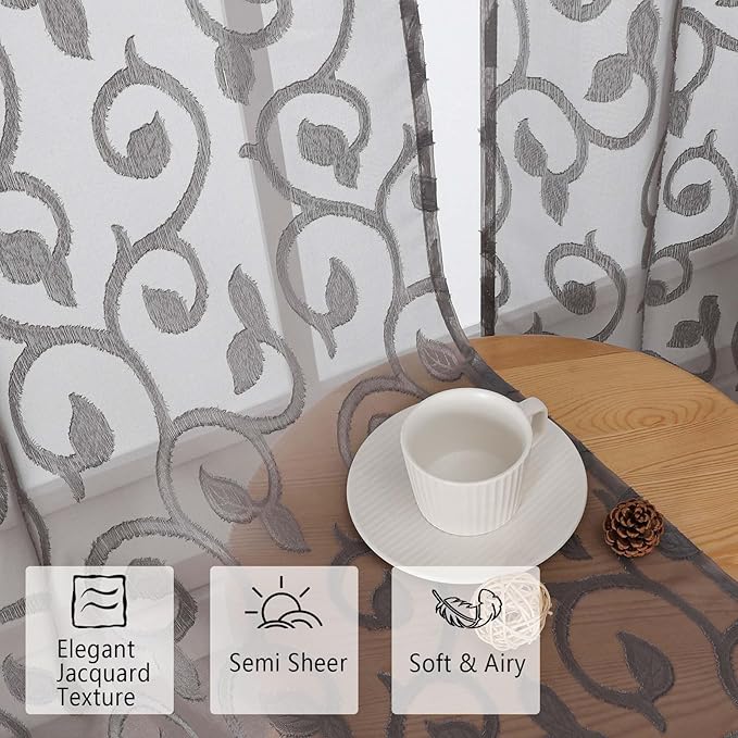OWENIE Furman Cafe Curtains 30 Inch Length 2 Panels Set, Elegant Geometric Jacquard Short Sheer CurtainsTiers for Kitchen/Living Room/Bedroom Small Window 28" W x 24" L, Grey