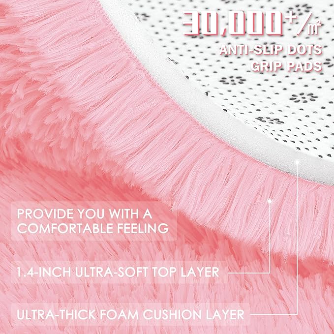 OLANLY Pink Round Rugs for Bedroom - Machine Washable, 9 ft Circle Area Rugs for Living Room, Soft and Fluffy Shaggy Carpet for Teen Girls and Boys, Nursery Rooms, Dorms, Home Decor Aesthetic