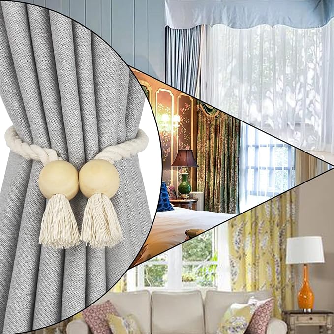 6 Pack Magnetic Curtain Tiebacks Cotton Hand Woven Tie Back Decorative Rope Holdbacks for Curtains Draperies No Tools Required, Beige