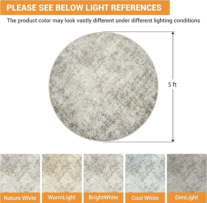 Round Rug 5ft Circle Rug Washable: Carpet Small Circular Area Rug for Entryway Kitchen Bedroom Dining Room Living Room 5 Feet Abstract College Dorm Non Slip Low Pile Beige Brown