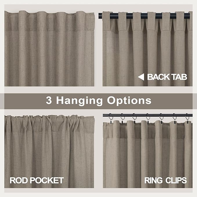 Pitalk Taupe Short Linen Curtain Living Room Back Tab Rod Pocket Lightweight Semi Sheer Curtains Burlap Light Filtering Thick Linen Drape for Bedroom 52 x 45 Inches Long Set of 2 Panels