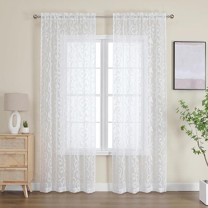 OWENIE Furman Sheer White Curtains 84 inches Long for Bedroom Living Room 2 Panels Set, White Curtains Jacquard Clip Light Filtering Semi Sheer Curtain Rod Pocket Window Drapes, 2 Pcs Each 40 W 84 L