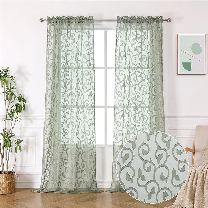 OWENIE Furman Sage Green Sheer Curtains 96 inches Extra Long for Bedroom Living Room 2 Panels Set, Light Filtering Soft Semi Sheer Jacquard Clip Farmhouse Curtains Rod Pocket Design, 40Wx96L inch