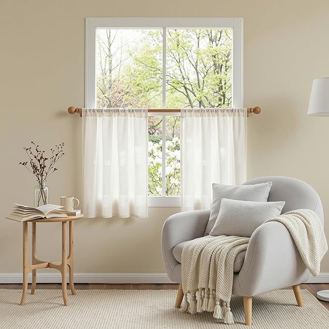 MYSKY HOME Natural Curtains 30 Inch Long for Cafe, Semi Sheer Light Filtering Tiers Curtain Panels Rod Pocket Short Country Decor Drapes for Basement/Small Window, Beige White, 2 Panels, 34 x 30 Inch
