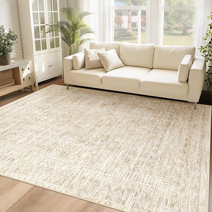 6x9 Area Rugs for Living Room: Washable Moroccan Geometric Boho Rug Farmhouse Non Slip Stain Resistant Large Rug Low Pile Soft Carpet for Bedroom Dining Room Home Office Children Room (Beige,6'x9')