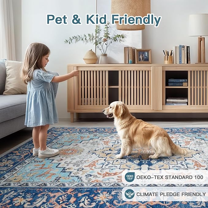 Lofus 5x7 Area Rugs for Living Room, Washable Area Rug, Rugs for Bedroom, Kitchen, Vintage Boho Carpet, Soft Non-Slip, Low Pile Large Area Rug for Office Dining Room, Floral Blue