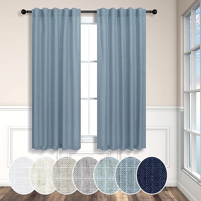 Pitalk Blue Curtains 38 Inch Wide for Small Window 2 Panel Set Back Tab Rod Pocket Linen Blend Semi Sheer Cafe Tier Narrow Curtain for Bathroom Kitchen Door Basement Width 38x45 Inch Length Stone Blue