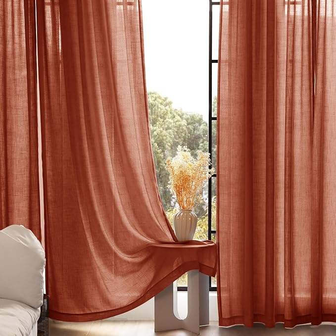 144 inch Linen Terracotta Curtains 2 Panels for Living Room Back Tab Light Filtering Semi Sheer Rust Colored Curtains 144 inches Long Soft Thick Cotton Cloth Textured Rustic Boho Farmhouse Room Decor