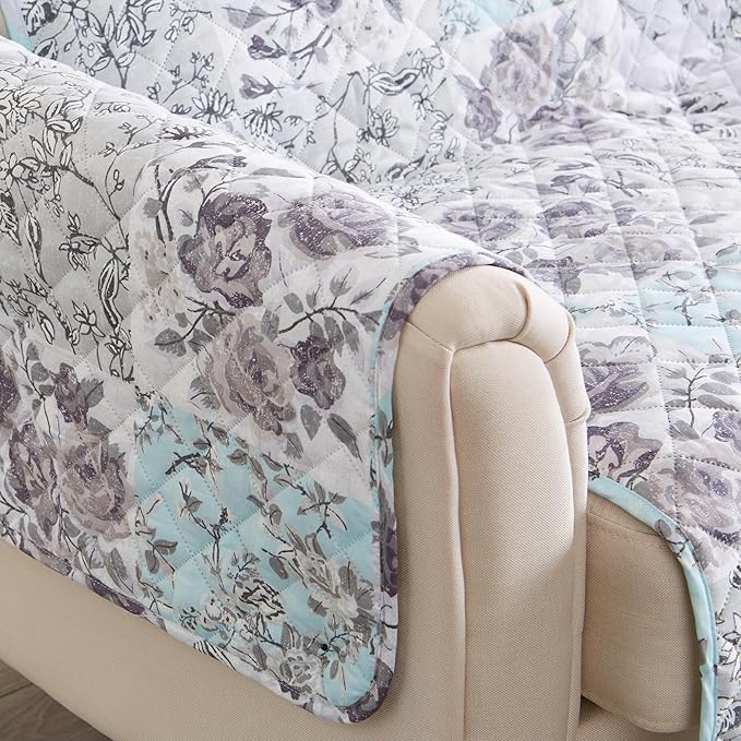 Great Bay Home Reversible Floral Patchwork Loveseat Furniture Protector - Machine Washable, Scalloped Edge, Stain Resistant, Printed Furniture Cover for Dogs, Kids, and Pets (Gray/Aqua)
