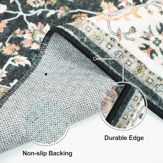 TOPRUUG Washable 4x10 Runner Rug: Vintage Non-Slip Hallway Runner Rug Stain Resistant Durable Kitchen Rug Soft Low Pile Thin Carpet for Living Room Bedroom Bathroom (Black, 4X10)