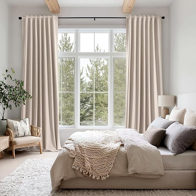 MIULEE 100% Blackout Linen Curtains for Bedroom, Beige Solid Luxury Decor Thermal Insulation Room Darkening Drapes for Living Room Nursery Back Tab Rod Pocket 42 x 90 Inches, 2 Panels