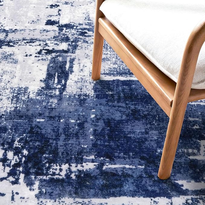 KOZYFLY Modern Abstract Area Rugs 5x7 Navy Blue Machine Washable Thin Rug for Bedroom Non-Slip Living Room Rug, Faux Wool Soft Low Pile Office Carpet for Dining Room, Bedroom, Kitchen
