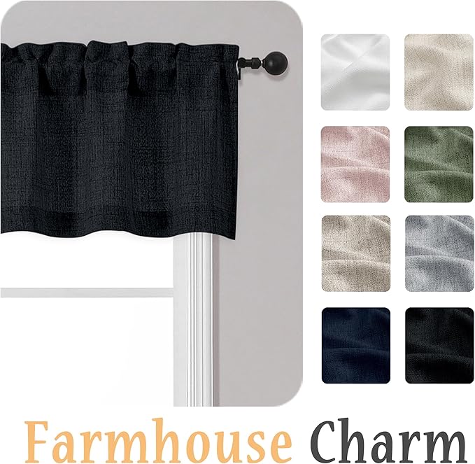 OWENIE Black Valances for Windows 1 Pcs 24 Inch Length, Light Filtering Textured Short Small Valance Curtains for Bathroom Basement Living Room Bedroom, Half Window Curtains Over Sink, 60" W by 24" L