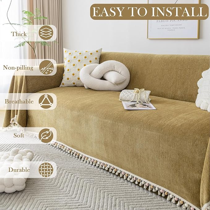 HANDONTIME Couch Covers for Pets Boho Mustard Yellow Love Seat Couch Covers Brown Sofa Cover for Dogs Pet Couch Protector Chenille Tassel Sofa Slipcovers Sofa Throw Cover Boho Decor, 91" X118"