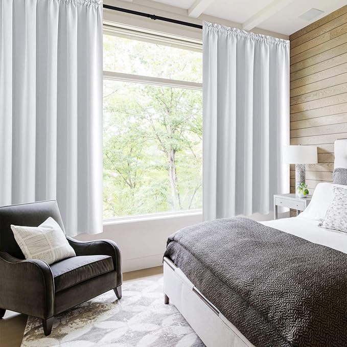 DWCN White Room Darkening Curtains for Bedroom, 60 x 84 inches Long - Energy Saving Privacy Window Drapes, Set of 2 Rod Pocket Curtain Panels