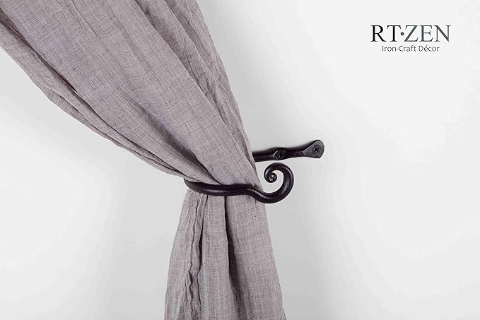 RTZEN Decorative Metal Curtain Tiebacks - Farmhouse Wrought Iron Curtain Holdbacks - Drapery Holders for Wall - Unique Metal Tie Backs for Curtains - 2 Pcs (Black Classic)