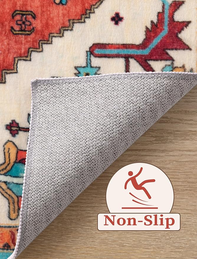 SERISSA Runner Rug for Hallways, 3x10 Washable Non Slip Kitchen Runner Rug, Long Boho Rug Vintage Orange Hallway Stair Ultra Soft Print Floor Carpet for Bedroom Bathroom Laundry Room