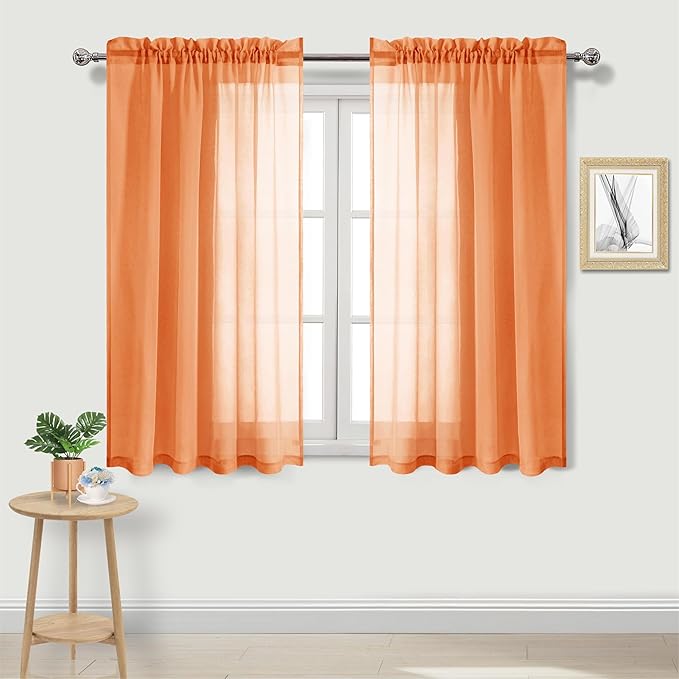 DWCN Sheer Curtains 54 inch Length 2 Panels Set, Orange Short Light and Airy Gauzy Window Curtain Drapes for Cafe/Loft/Nursery, 2pcs, W52 x L54