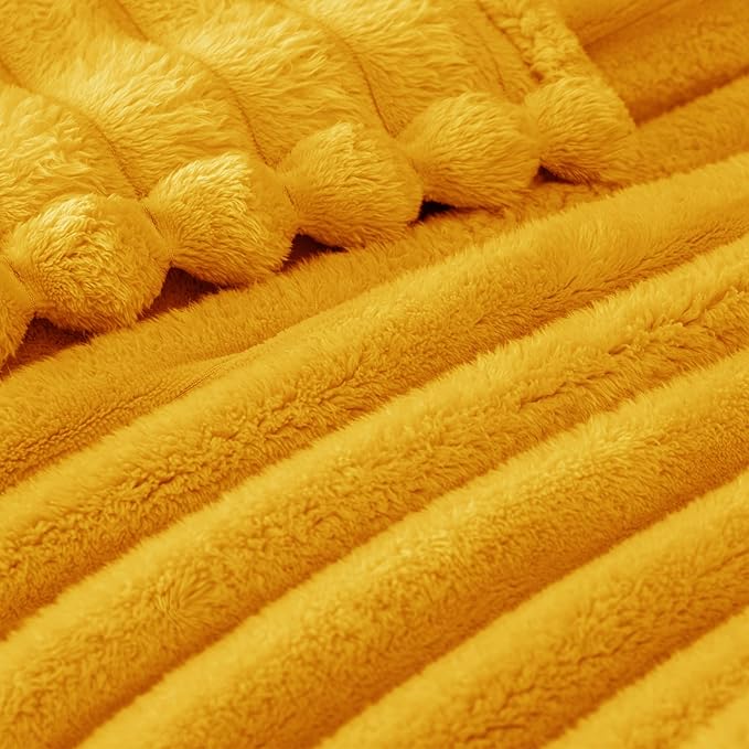 Exclusivo Mezcla King Size Flannel Fleece Blanket, Super Soft Striped Jacquard Bed Blanket, Lightweight Fuzzy Cozy for All Seasons, 90x104 Inches, Mustard Yellow